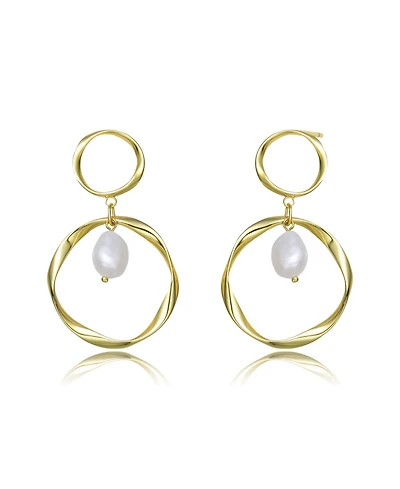 Classy Sterling Silver 14K Gold Plating and Genuine Freshwater Pearl DanglingEarrings