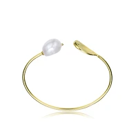 Classy Sterling Silver with 14K Gold Plating and Genuine Freshwater Pearl Cuff Bracelet