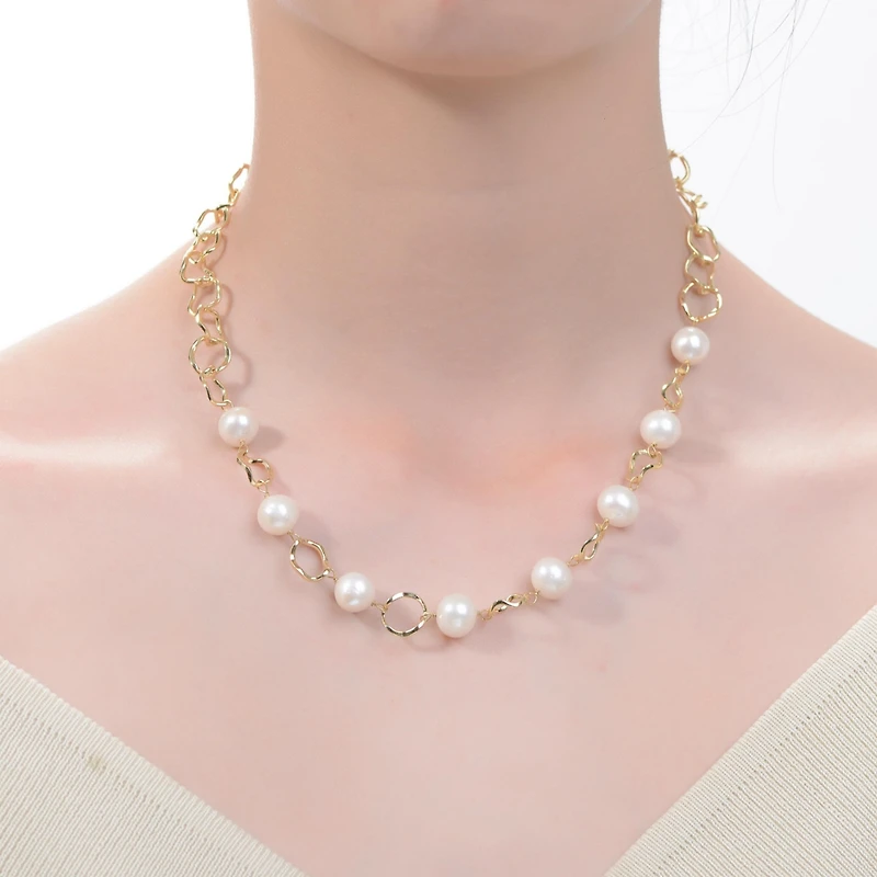 Sterling Silver 14K Gold Plated Genuine Freshwater Pearl and Cubic Zirconia Link Oval Spring Ring Adjustable Necklace