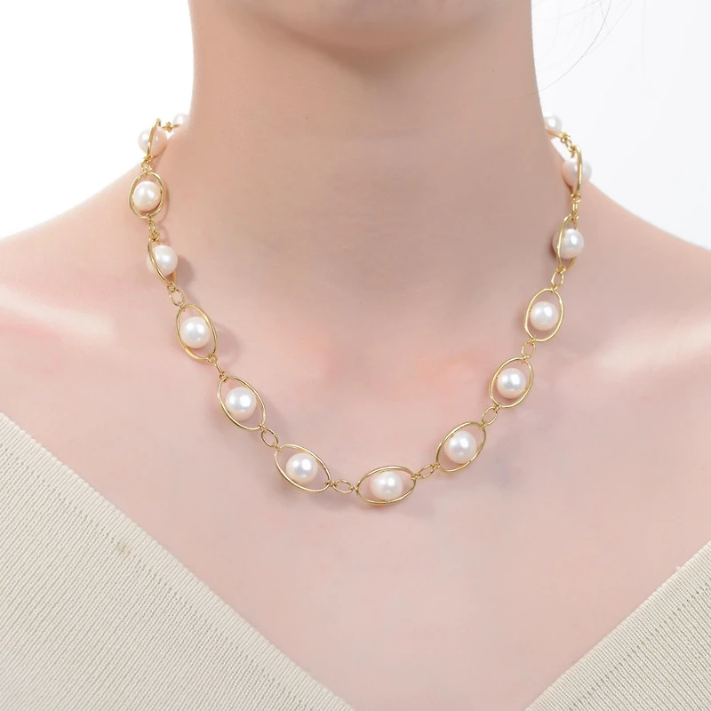 Sterling Silver 14K Gold Plated Genuine Freshwater Pearl and Cubic Zirconia Link Adjustable Necklace