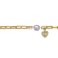 Sterling Silver 14K Gold Plated Genuine Freshwater Pearl and Cubic Zirconia Lobster Claw Link Bracelet