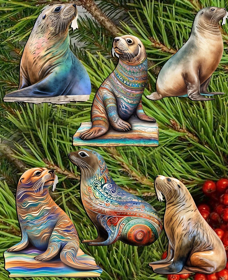 Designocracy Holiday Wooden Clip-On Ornaments Coastal Sea Lions Set of 6 G. DeBrekht