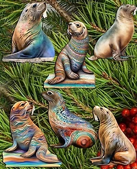 Designocracy Holiday Wooden Clip-On Ornaments Coastal Sea Lions Set of 6 G. DeBrekht