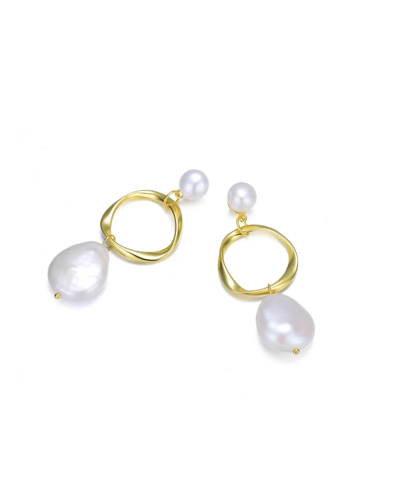 Elegant Sterling Silver 14K Gold Plating and Genuine Freshwater Pearl Hoop Earrings