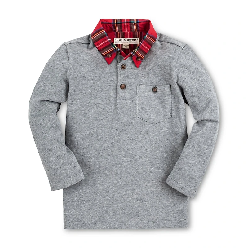 Hope & Henry Boys Long Sleeve Polo Shirt with Woven Collar and Elbow Patches