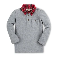 Hope & Henry Boys Long Sleeve Polo Shirt with Woven Collar and Elbow Patches