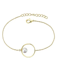 14k Gold Plated with White Genuine Freshwater Pearl Solitaire Asymmetrical Wire Halo Delicate Bracelet