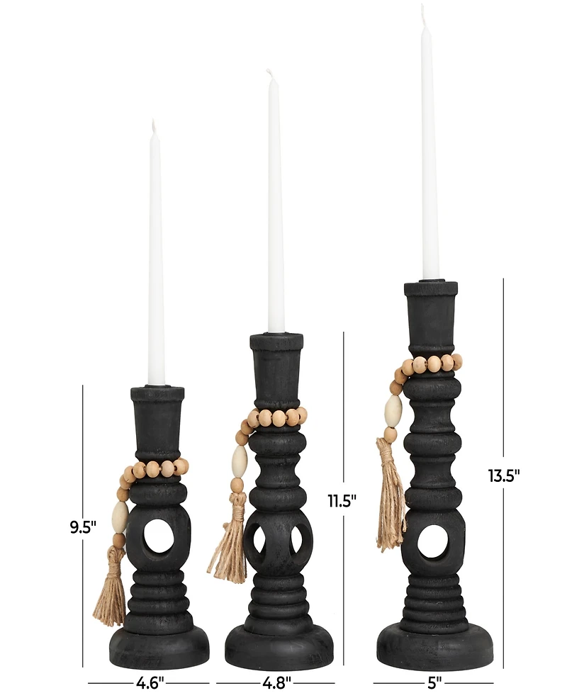 Wood Handmade Textured Matte Candle Holder with Beaded Garland Accent 14", 12" and 10" H, Set of 3