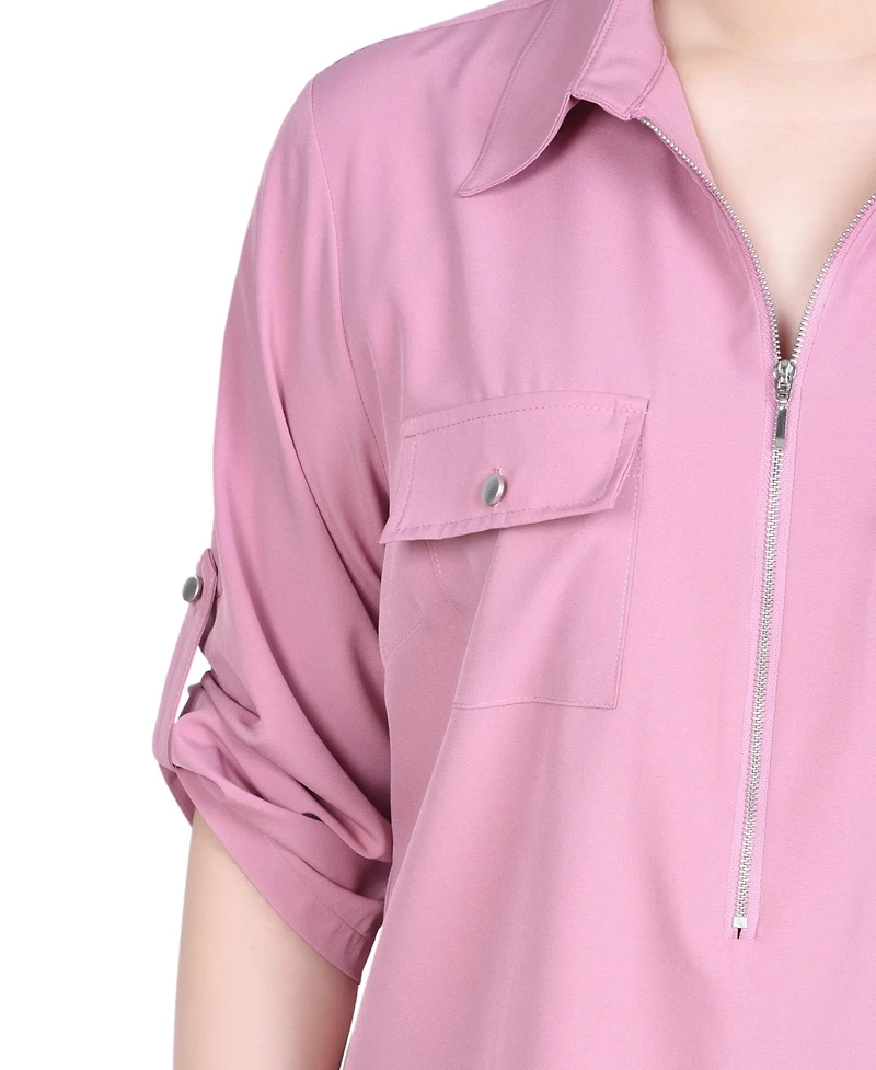 Ny Collection Petite 3/4 Roll Tab Sleeve Zip Front Blouse