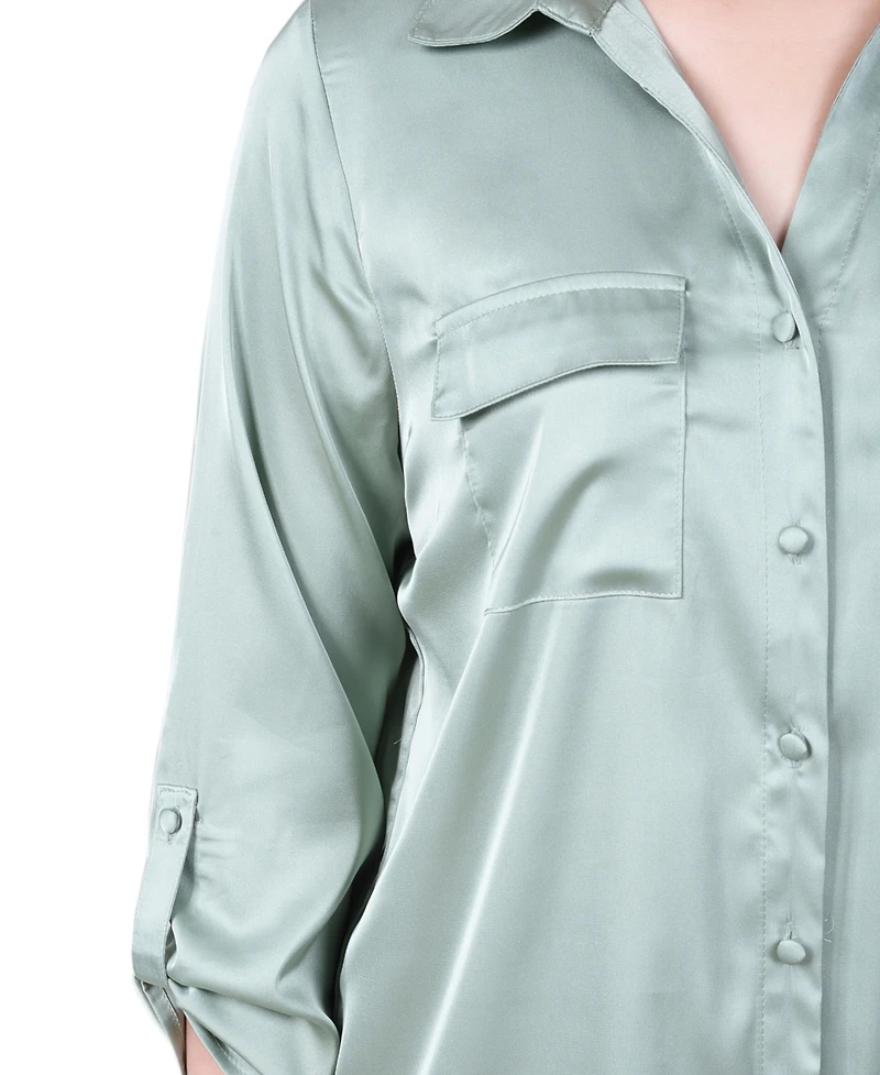 Ny Collection Petite 3/4 Sleeve Roll Tab Satin Blouse