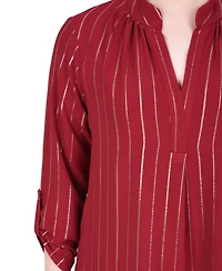 Ny Collection Petite Long Sleeve Foil Striped Blouse