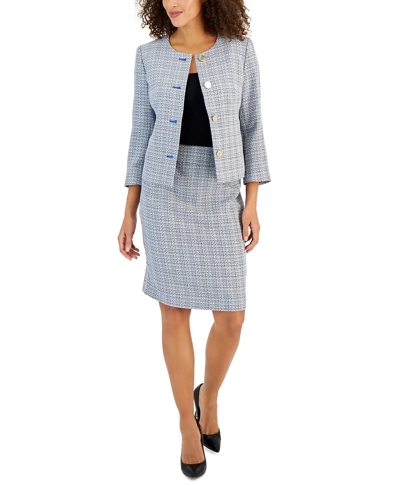 Le Suit Tweed Four-Button Jacket & Pencil Skirt Suit, Regular Petite Sizes