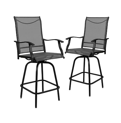 Merrick Lane Set Of 2 Brett High Back Bar Height Swivel Patio Stools With Powder Coated Metal Frames And Textilene Upholstery