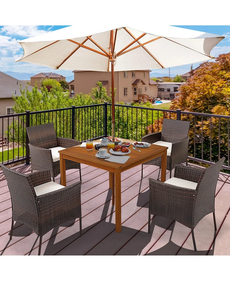 Set of 4 Patio Rattan Dining Chairs Cushioned Seat Curved Armrests