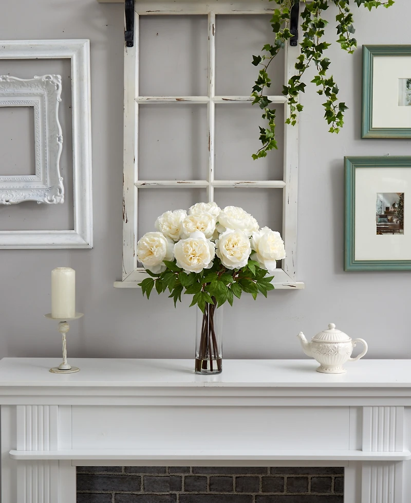 Nearly Natural 22" Artificial Peony Arrangement with Cylinder Glass Vase