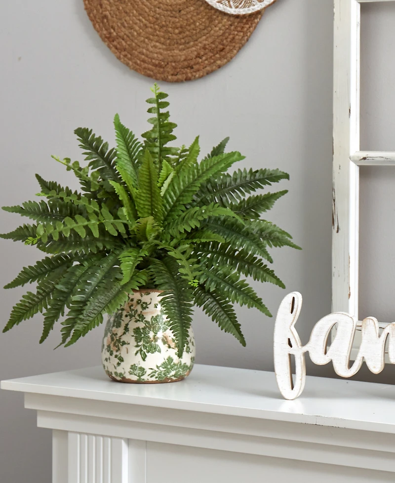 Nearly Natural 15" Boston Fern Artificial Plant with Tuscan Ceramic Scroll Planter