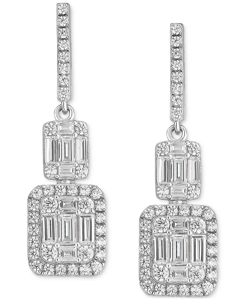 Cubic Zirconia Baguette Cluster Drop Earrings in Sterling Silver