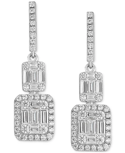 Cubic Zirconia Baguette Cluster Drop Earrings in Sterling Silver