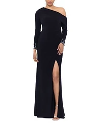 Betsy Adam Womens Off One Shoulder Beaded Cuff Gown