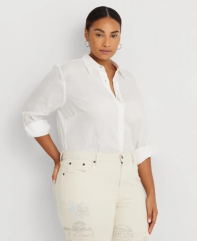Lauren Ralph Plus 100% Linen Roll-Tab Shirt