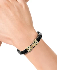 Effy White Diamond & Black Diamond (7/8 ct. t.w.) & Emerald (1/20 ct. t.w.) Panther Head Leather Bracelet in 14k Gold