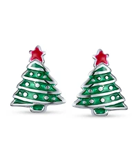 Bling Jewelry Small Fun Winter Holiday Red Star Enamel Green Christmas Tree Stud Earrings Sterling Silver