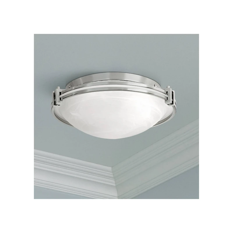 Possini Euro Design Modern Ceiling Light Flush Mount Fixture 16.75" Wide Brushed Nickel Silver Metal Marbleized Glass Shade for Bedroom Kitchen Living