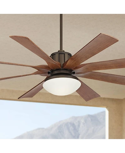 60" Possini Euro Design Industrial Outdoor Ceiling Fan with Led Light Remote Control Bronze Koa Opal Glass Damp Rated Patio Gazebo