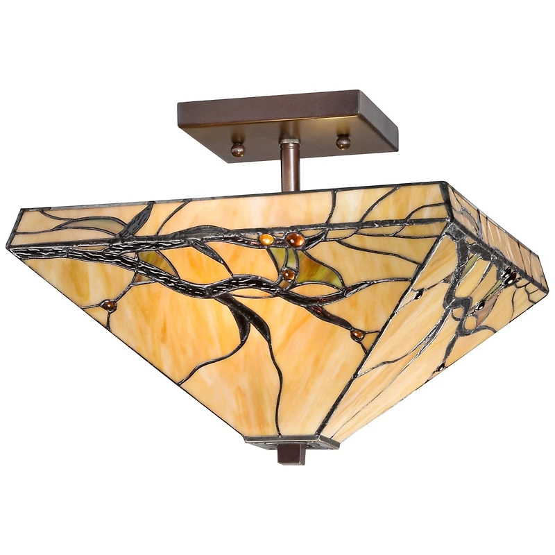 Robert Louis Tiffany Mission Rustic Ceiling Light Semi Flush Mount Fixture 14" Wide Bronze 2-Light Budding Branch Art Glass Shade for Bedroom Kit