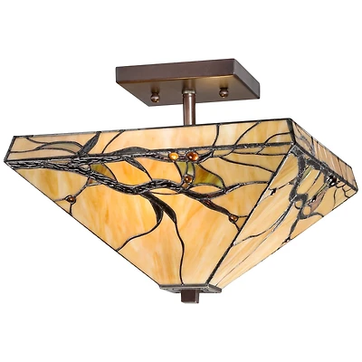 Robert Louis Tiffany Mission Rustic Ceiling Light Semi Flush Mount Fixture 14" Wide Bronze 2-Light Budding Branch Art Glass Shade for Bedroom Kit