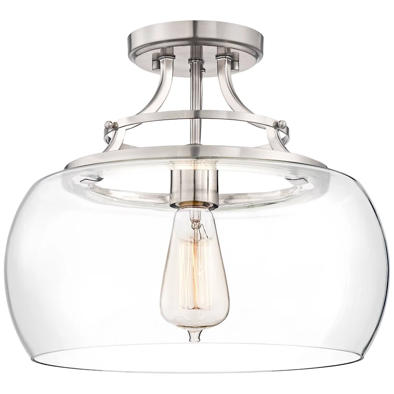Franklin Iron Works Charleston Industrial Rustic Farmhouse Ceiling Light Semi Flush-Mount Fixture 13 1/2" Wide Brushed Nickel Led Clear Glass Shade fo