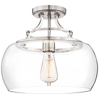 Franklin Iron Works Charleston Industrial Rustic Farmhouse Ceiling Light Semi Flush-Mount Fixture 13 1/2" Wide Brushed Nickel Led Clear Glass Shade fo