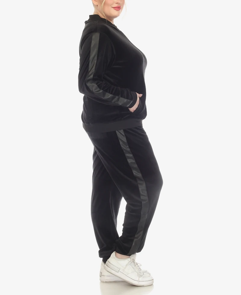 White Mark Plus Faux Leather Stripe Velour 2 Piece Tracksuit Set