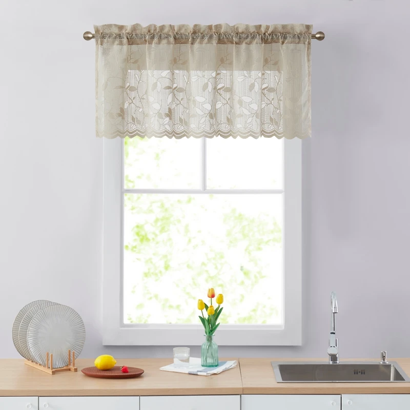 Hlc.me Joyce Lace Sheer Kitchen Curtain Valance Topper - Rod Pocket for Small Windows, Bathroom & Kitchen