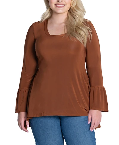 24seven Comfort Apparel Plus Size Long Bell Sleeve High Low Tunic Top