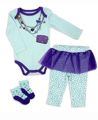 Baby Mode Girls Fancy Jewels Bodysuit, Pants and Socks, 3 Piece Set