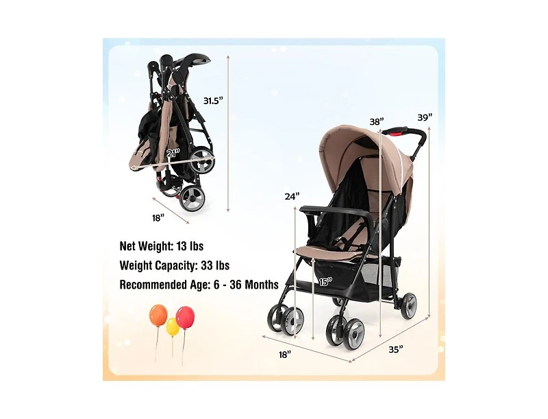 Toddler Travel Stroller for Airplane with Adjustable Backrest and Canopy