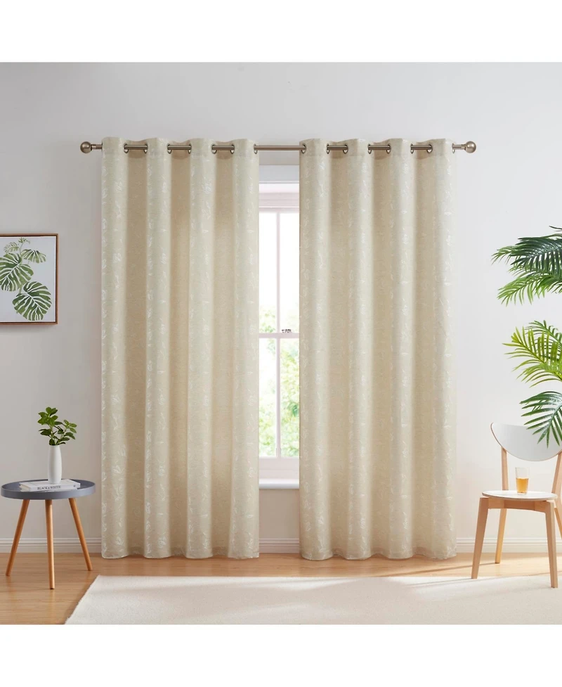 Hlc.me Zoey Burlap Flax Linen Floral Jacquard Privacy Light Filtering Transparent Window Grommet Long Thick Curtains Drapery Panels for Bedroom & Livi