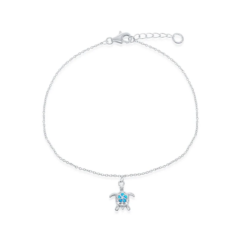 Caribbean Treasures Sterling Silver Synthetic Blue Inlay Opal Turtle Anklet