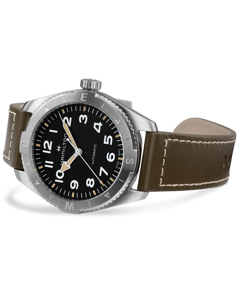 Hamilton Men's Swiss Automatic Khaki Field Expedition Green Leather Strap Watch 41mm