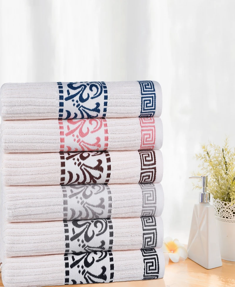 Superior Athens Cotton with Greek Scroll and Floral Pattern Assorted, 6 Piece Bath Towel Set
