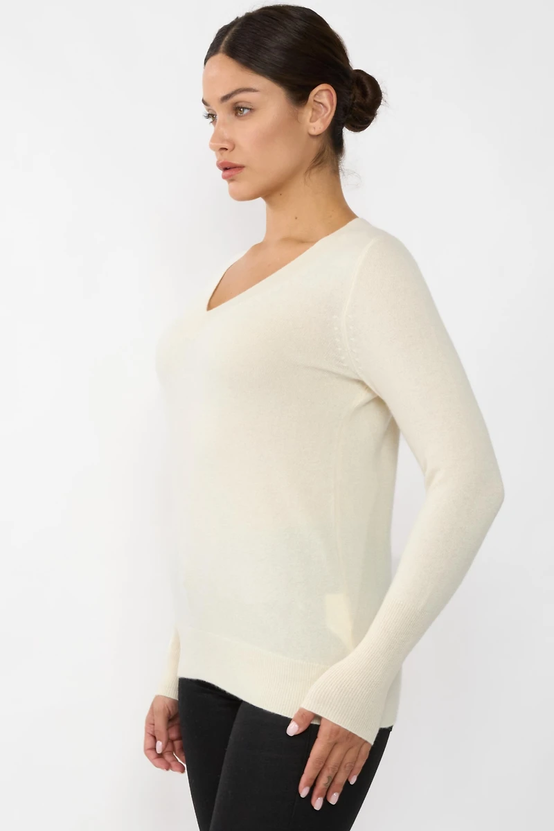 Jennie Liu Women's 100% Pure Cashmere Long Sleeve Ava V Neck Pullover Sweater