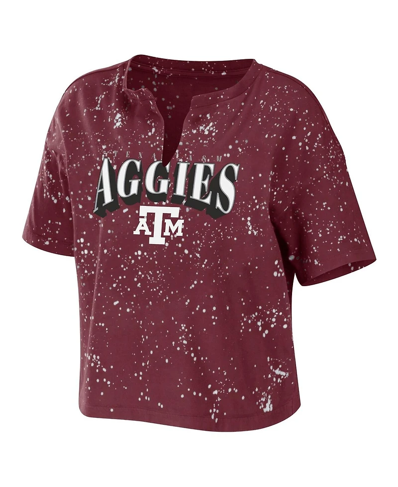 Women's Wear by Erin Andrews Maroon Texas A&M Aggies Bleach Wash Splatter Cropped Notch Neck T-shirt