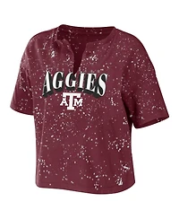 Women's Wear by Erin Andrews Maroon Texas A&M Aggies Bleach Wash Splatter Cropped Notch Neck T-shirt