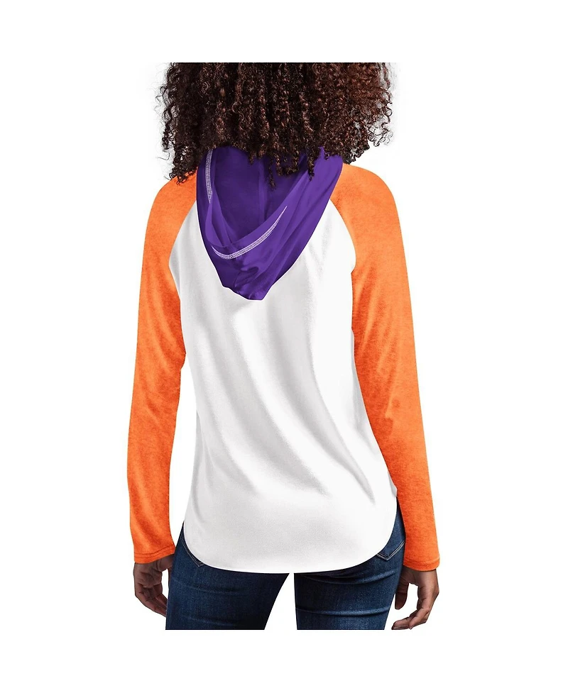 Women's G-iii 4Her by Carl Banks White, Orange Clemson Tigers From the Sideline Raglan Long Sleeve Hoodie T-shirt