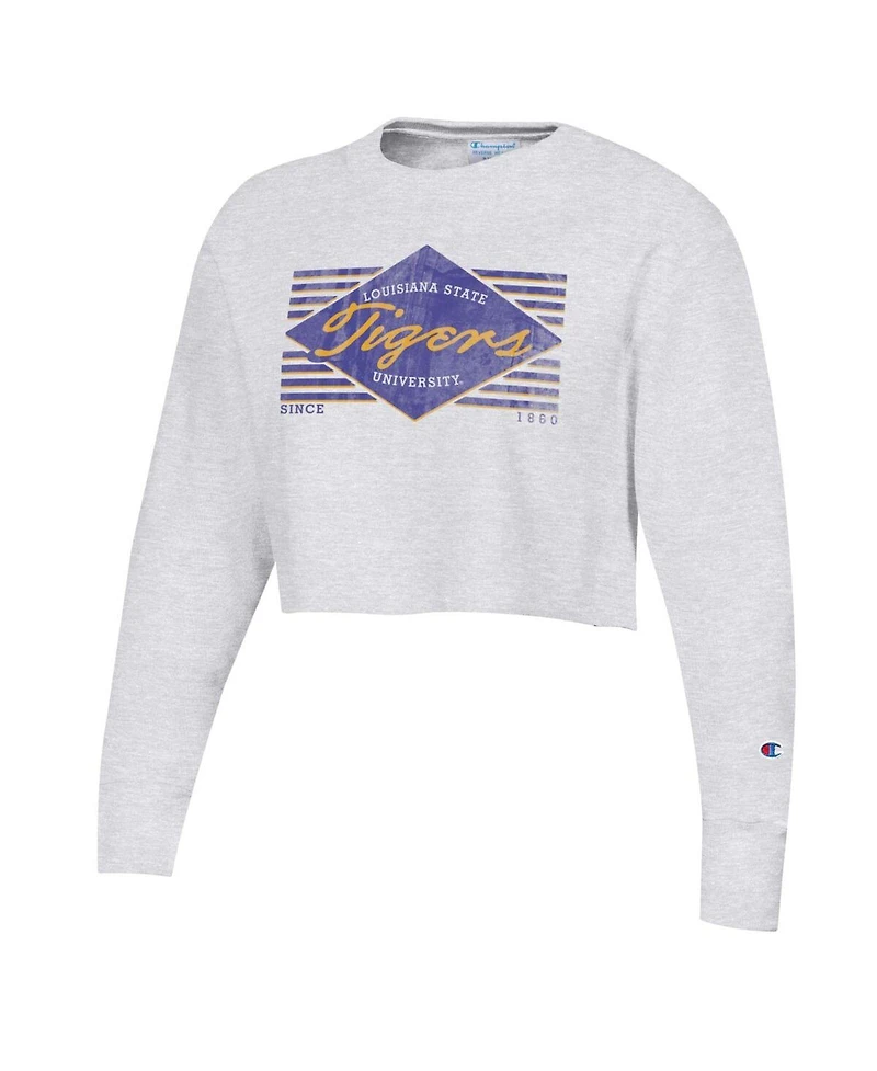 Women's Champion Heather Gray Distressed Lsu Tigers Reverse Weave Cropped Pullover Sweatshirt