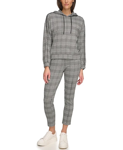 Andrew Marc Sport Women's Double Knit Glenplaid Hoodie Sweatshirt with Piping Sleeve Detail