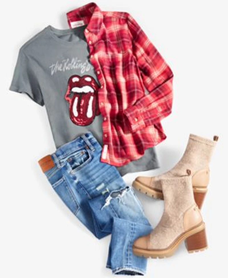 Lucky Brand Womens Cotton Rolling Stones Boyfriend Tee Cloud Plaid Boyfriend Shirt Ava Mid Rise Ripped Skinny Jeans