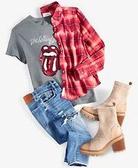 Lucky Brand Womens Cotton Rolling Stones Boyfriend Tee Cloud Plaid Boyfriend Shirt Ava Mid Rise Ripped Skinny Jeans
