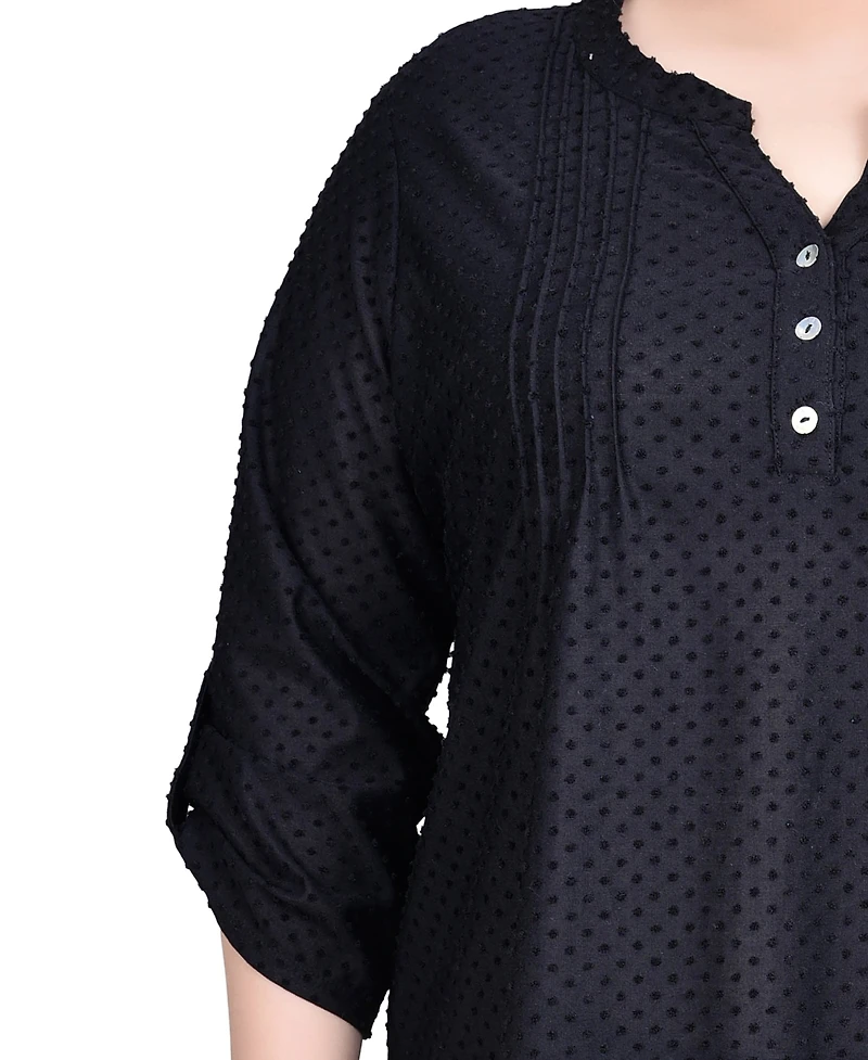 Ny Collection Plus 3/4 Sleeve Roll Tab Y Neck Top